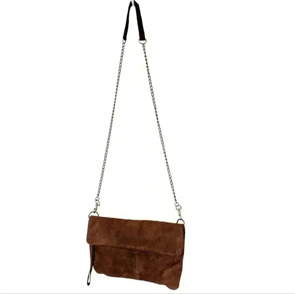 San Piel Suede Crossbody Bag Brown Foldover Flap Snap Closure Adjustable Strap